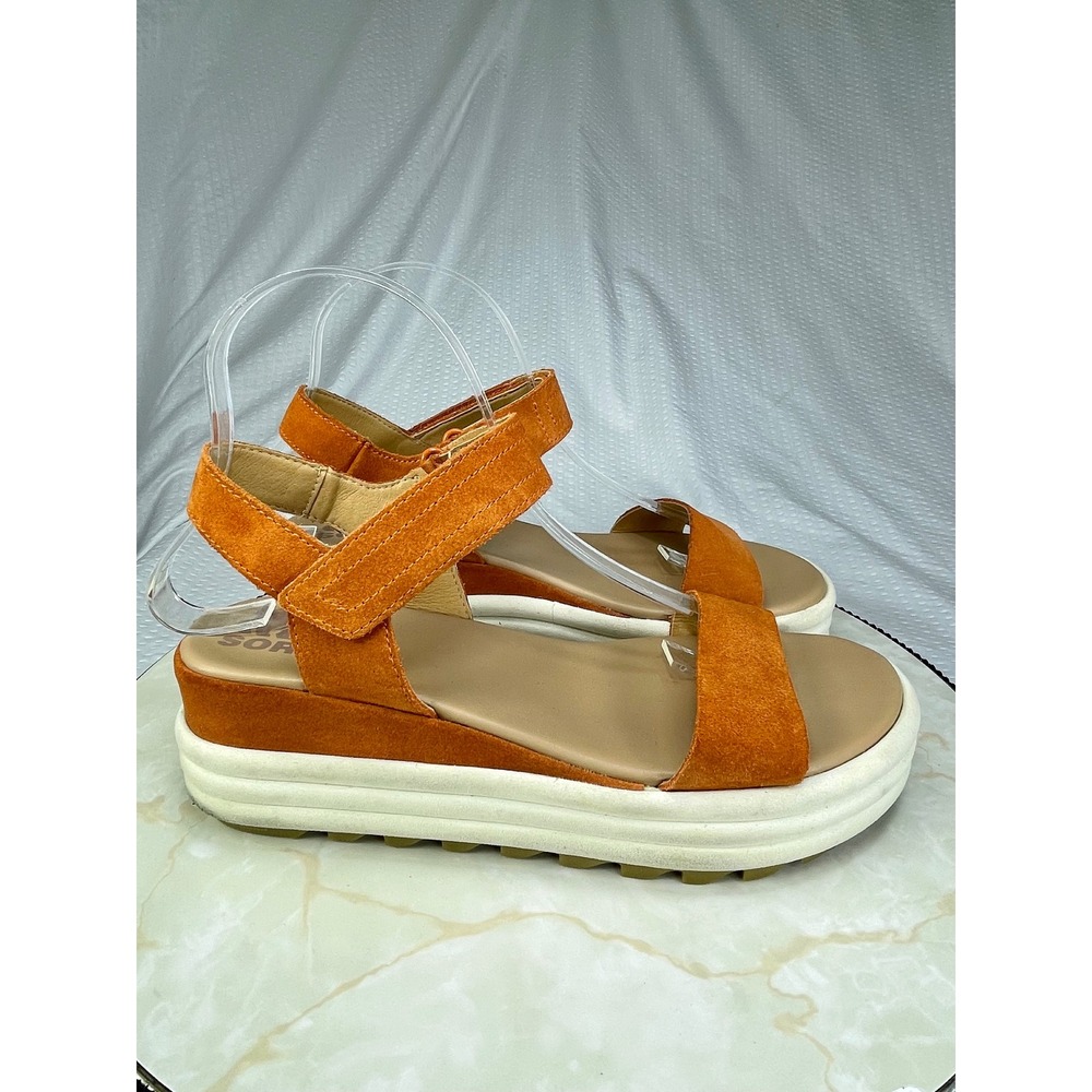 Sorel Cameron Flatform Strappy Sandals Womens 8 Orange Suede Platform Comfy Shoe